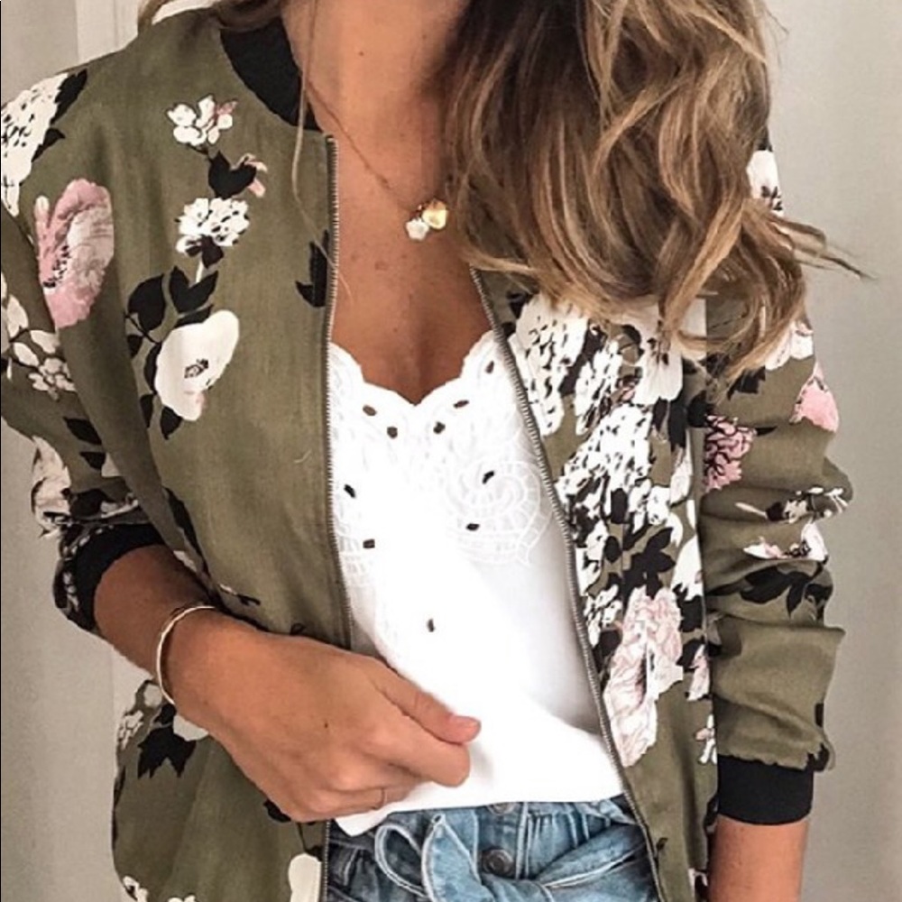 Floral Printed Zip Up Bomber Jacket